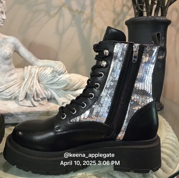 Nine West Hediy Combat Boot Sequin Designer Gaux Leather #47