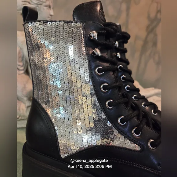 Nine West Hediy Combat Boot Sequin Designer Gaux Leather #47