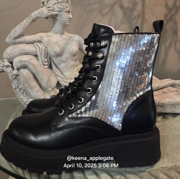 Nine West Hediy Combat Boot Sequin Designer Gaux Leather #47