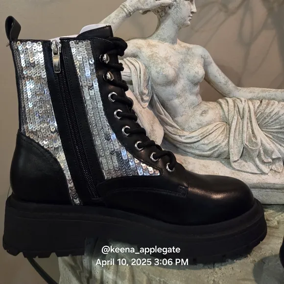 Nine West Hediy Combat Boot Sequin Designer Gaux Leather #47