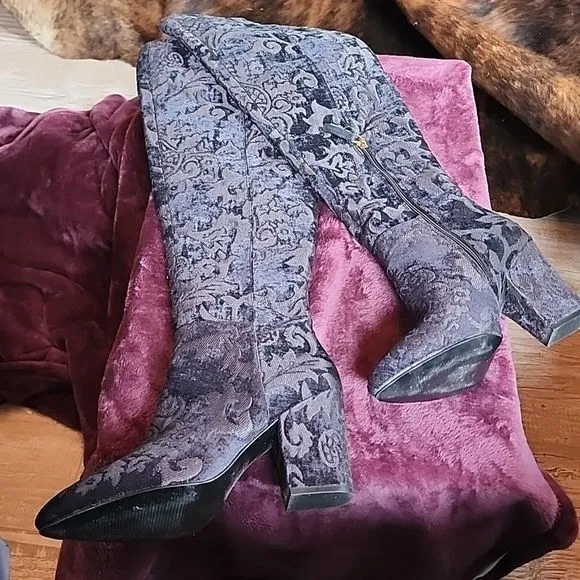 Nine West Womens Siventa Brocade Heels Over-The-Knee Boots Shoes