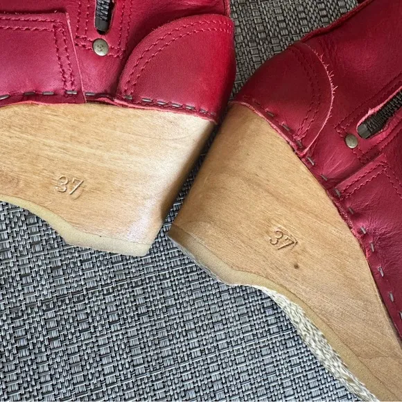No.6 Clogs Red Leather Ankle Boots Wedge Size 37 EUC
