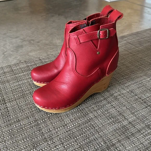 No.6 Clogs Red Leather Ankle Boots Wedge Size 37 EUC