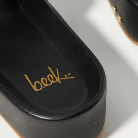 NWB Beek Anthropologie Black Leather Pelican Platform Flatform Slides Sandals 10