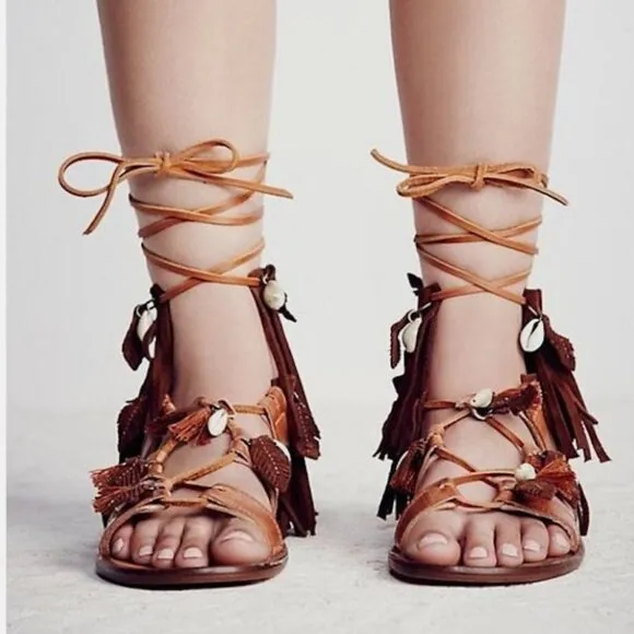 NWOB Free People Wind Swept Lace Up Shell Feather Sandals