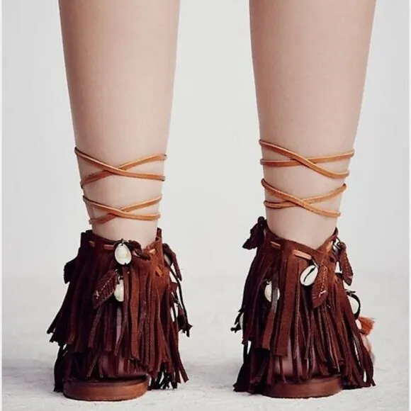 NWOB Free People Wind Swept Lace Up Shell Feather Sandals