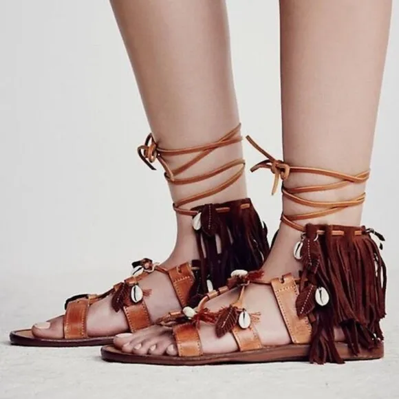 NWOB Free People Wind Swept Lace Up Shell Feather Sandals