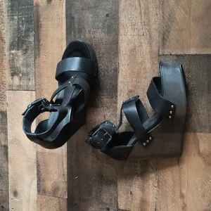 NWOT All Saints Rotchko Wedge Black Leather Wooden Platform Sandals Sz 9 EU 40