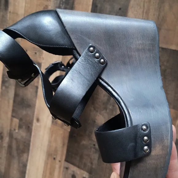 NWOT All Saints Rotchko Wedge Black Leather Wooden Platform Sandals Sz 9 EU 40