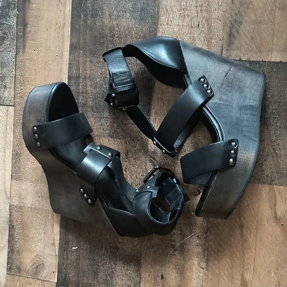 NWOT All Saints Rotchko Wedge Black Leather Wooden Platform Sandals Sz 9 EU 40