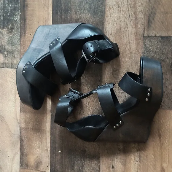 NWOT All Saints Rotchko Wedge Black Leather Wooden Platform Sandals Sz 9 EU 40