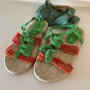 NWOT Anthropologie Fringe Rope Green Suede Boho Sandals Sz 6