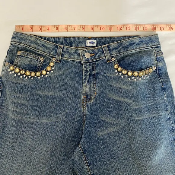 NWOT Cache Women’s Bedazzled Front/ Back Y2K, Vintage Flared Jeans Size 12.