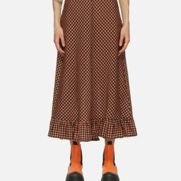 NWOT GANNI Seersucker Check Black/Orange Long Dress M $289