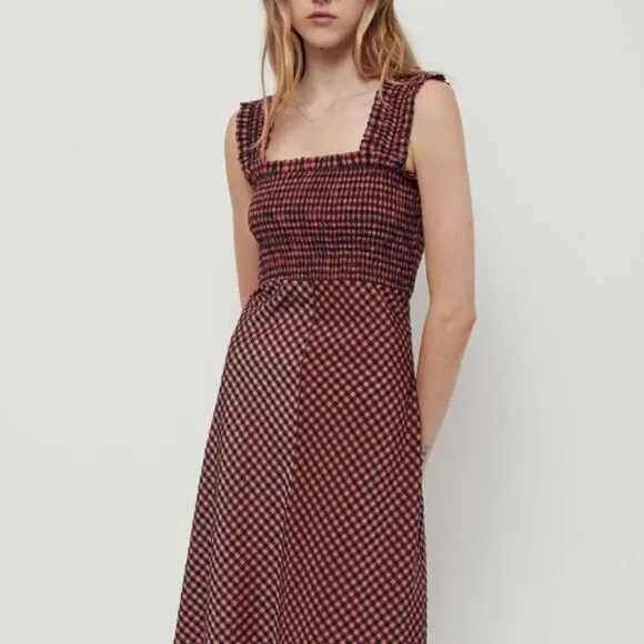 NWOT GANNI Seersucker Check Black/Orange Long Dress M $289