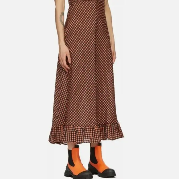 NWOT GANNI Seersucker Check Black/Orange Long Dress M $289