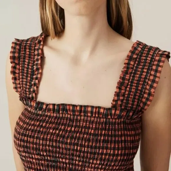 NWOT GANNI Seersucker Check Black/Orange Long Dress M $289