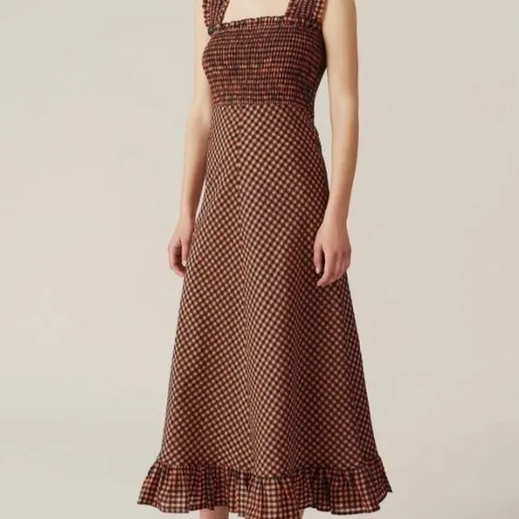 NWOT GANNI Seersucker Check Black/Orange Long Dress M $289