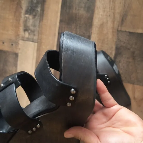 NWT All Saints Rotchko Wedge Black Leather Wooden Platform Sandals Sz 9 EU 40