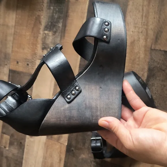 NWT All Saints Rotchko Wedge Black Leather Wooden Platform Sandals Sz 9 EU 40