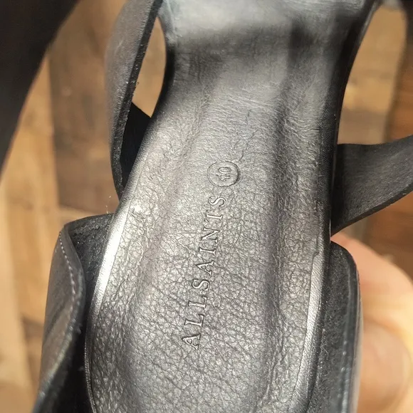 NWT All Saints Rotchko Wedge Black Leather Wooden Platform Sandals Sz 9 EU 40