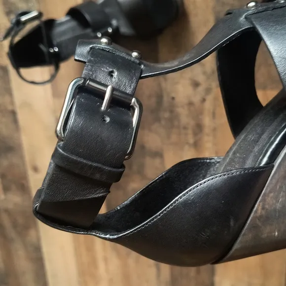 NWT All Saints Rotchko Wedge Black Leather Wooden Platform Sandals Sz 9 EU 40