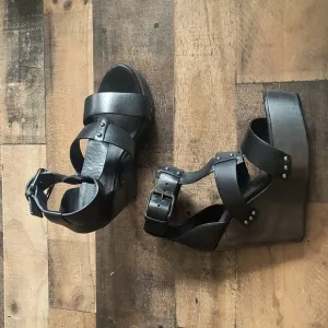 NWT All Saints Rotchko Wedge Black Leather Wooden Platform Sandals Sz 9 EU 40