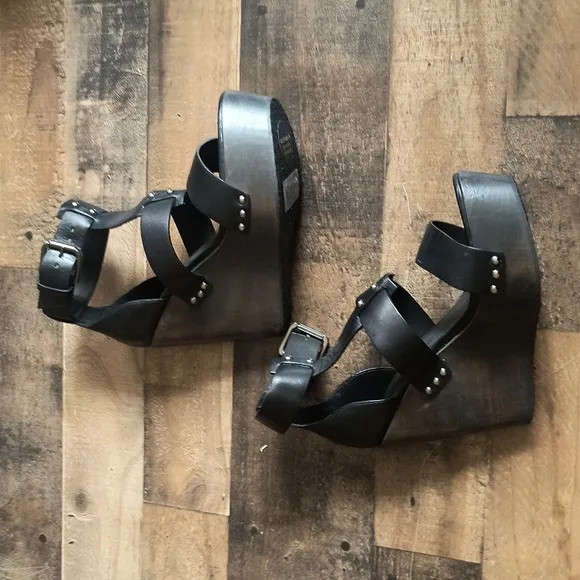 NWT All Saints Rotchko Wedge Black Leather Wooden Platform Sandals Sz 9 EU 40
