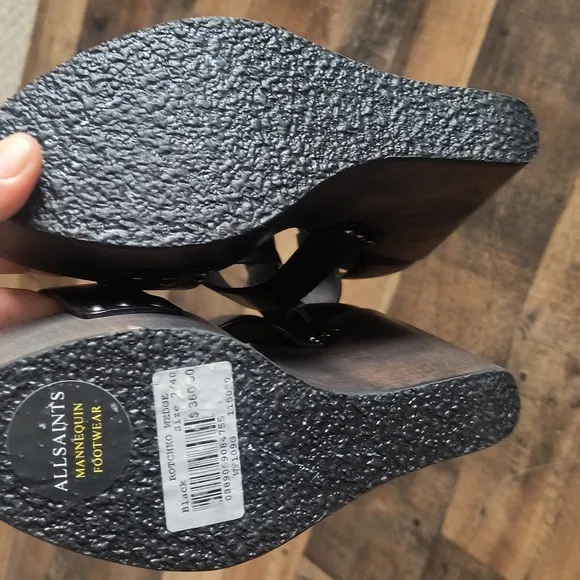NWT All Saints Rotchko Wedge Black Leather Wooden Platform Sandals Sz 9 EU 40