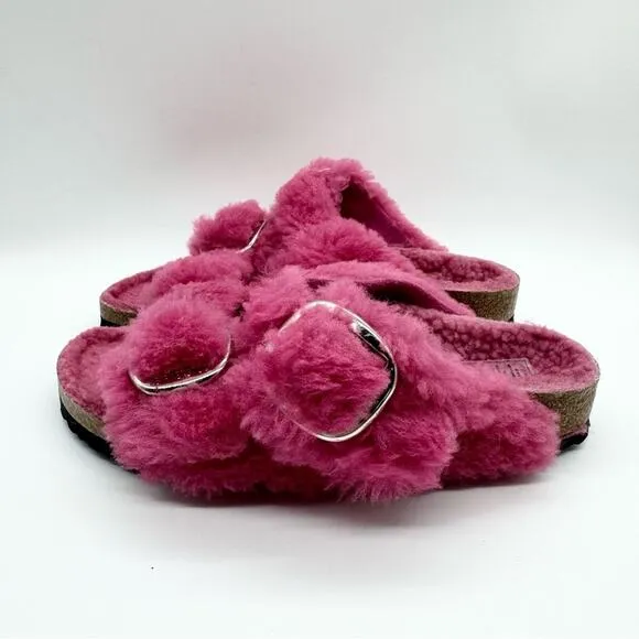 NWT Birkenstock Arizona Big Buckle Teddy Sandals Fuchsia Pink Size 37 Loungewear