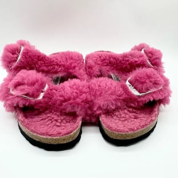 NWT Birkenstock Arizona Big Buckle Teddy Sandals Fuchsia Pink Size 37 Loungewear