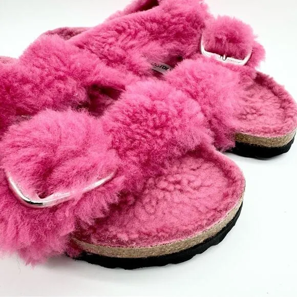 NWT Birkenstock Arizona Big Buckle Teddy Sandals Fuchsia Pink Size 37 Loungewear