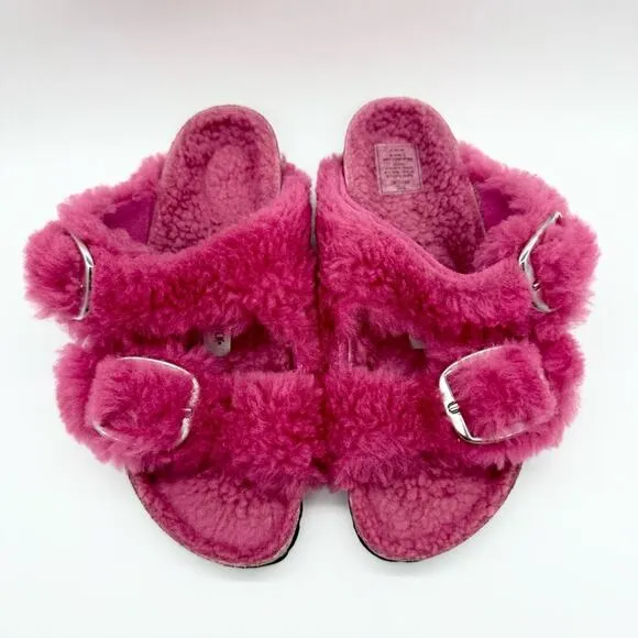 NWT Birkenstock Arizona Big Buckle Teddy Sandals Fuchsia Pink Size 37 Loungewear