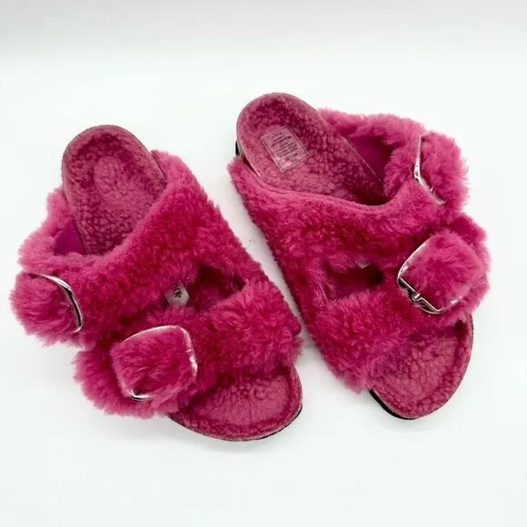 NWT Birkenstock Arizona Big Buckle Teddy Sandals Fuchsia Pink Size 37 Loungewear