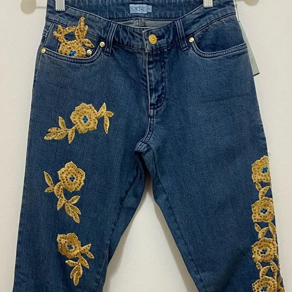 NWT Cache Vintage Y2K Gold Embroidered, Rhinestone Jeans Size 2.