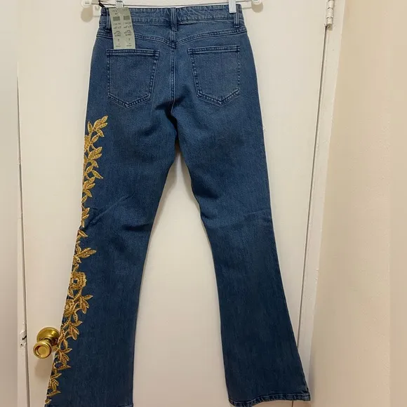 NWT Cache Vintage Y2K Gold Embroidered, Rhinestone Jeans Size 2.