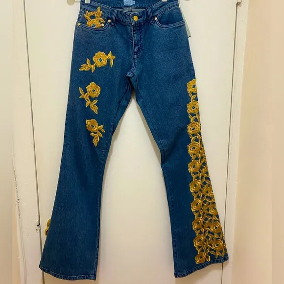 NWT Cache Vintage Y2K Gold Embroidered, Rhinestone Jeans Size 2.
