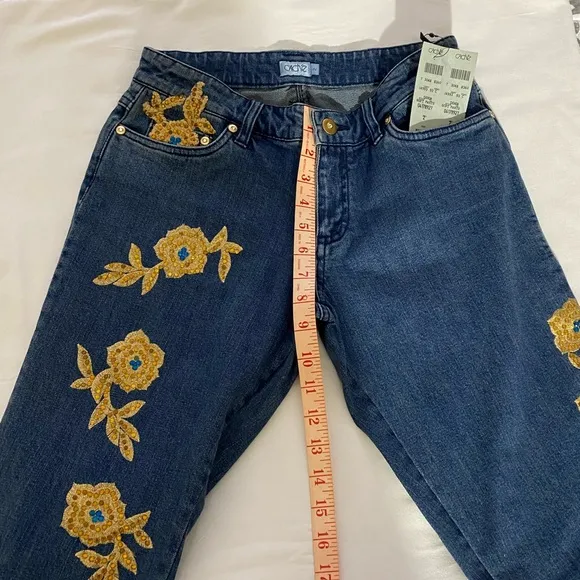 NWT Cache Vintage Y2K Gold Embroidered, Rhinestone Jeans Size 2.