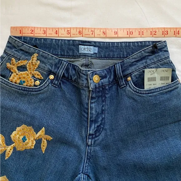 NWT Cache Vintage Y2K Gold Embroidered, Rhinestone Jeans Size 2.