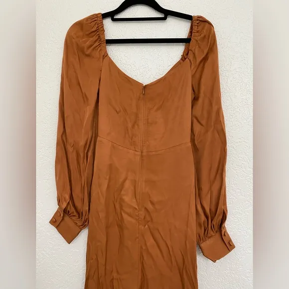 🌸NWT FARM XS Rio Satin Caramel Cutout Front-Tie Midi Dress