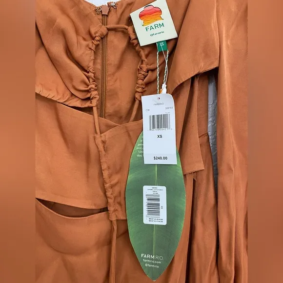 🌸NWT FARM XS Rio Satin Caramel Cutout Front-Tie Midi Dress