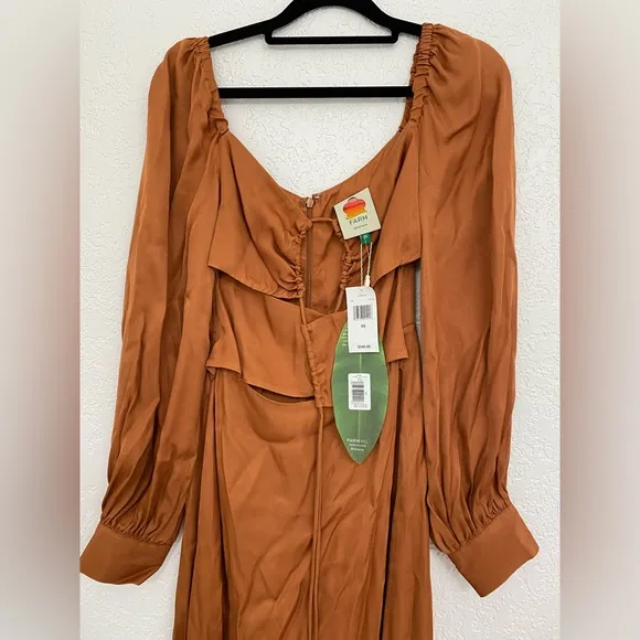 🌸NWT FARM XS Rio Satin Caramel Cutout Front-Tie Midi Dress