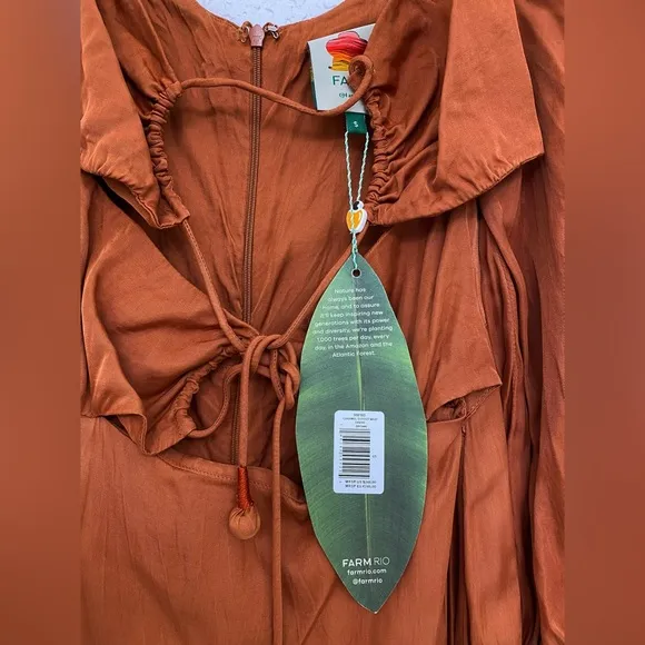 🌸NWT FARM XS Rio Satin Caramel Cutout Front-Tie Midi Dress