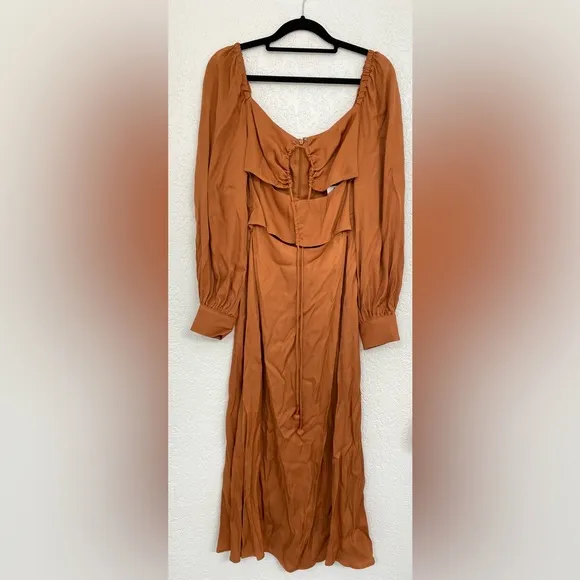 🌸NWT FARM XS Rio Satin Caramel Cutout Front-Tie Midi Dress
