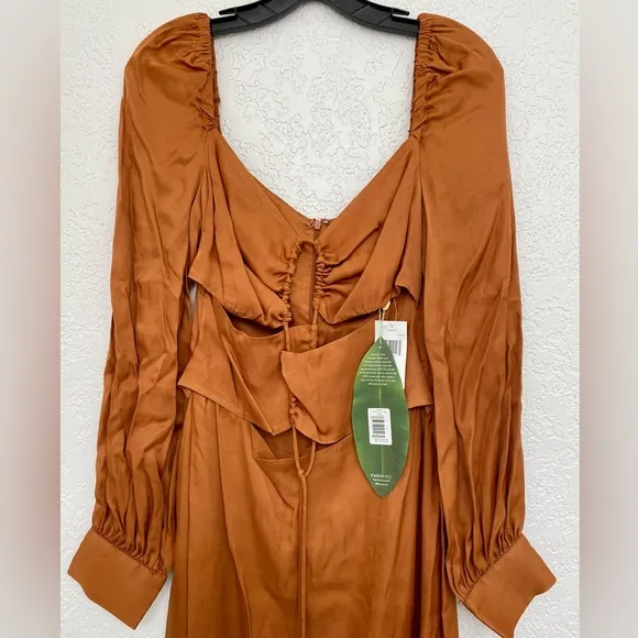 🌸NWT FARM XS Rio Satin Caramel Cutout Front-Tie Midi Dress