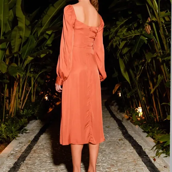 🌸NWT FARM XS Rio Satin Caramel Cutout Front-Tie Midi Dress
