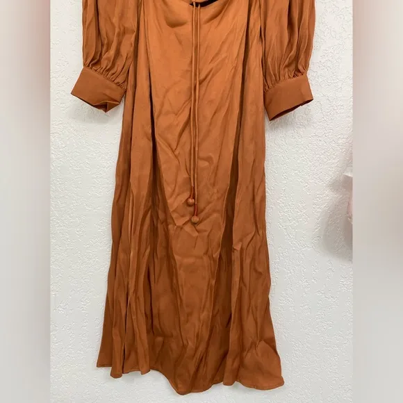 🌸NWT FARM XS Rio Satin Caramel Cutout Front-Tie Midi Dress