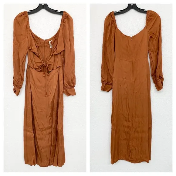 🌸NWT FARM XS Rio Satin Caramel Cutout Front-Tie Midi Dress