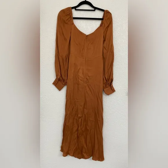 🌸NWT FARM XS Rio Satin Caramel Cutout Front-Tie Midi Dress