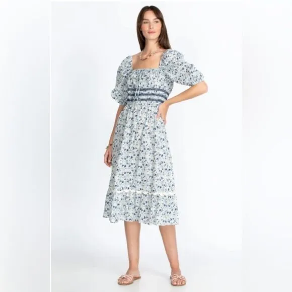 NWT Johnny Was Camille Smocked Floral-Print blue and white Midi Dress Sz S